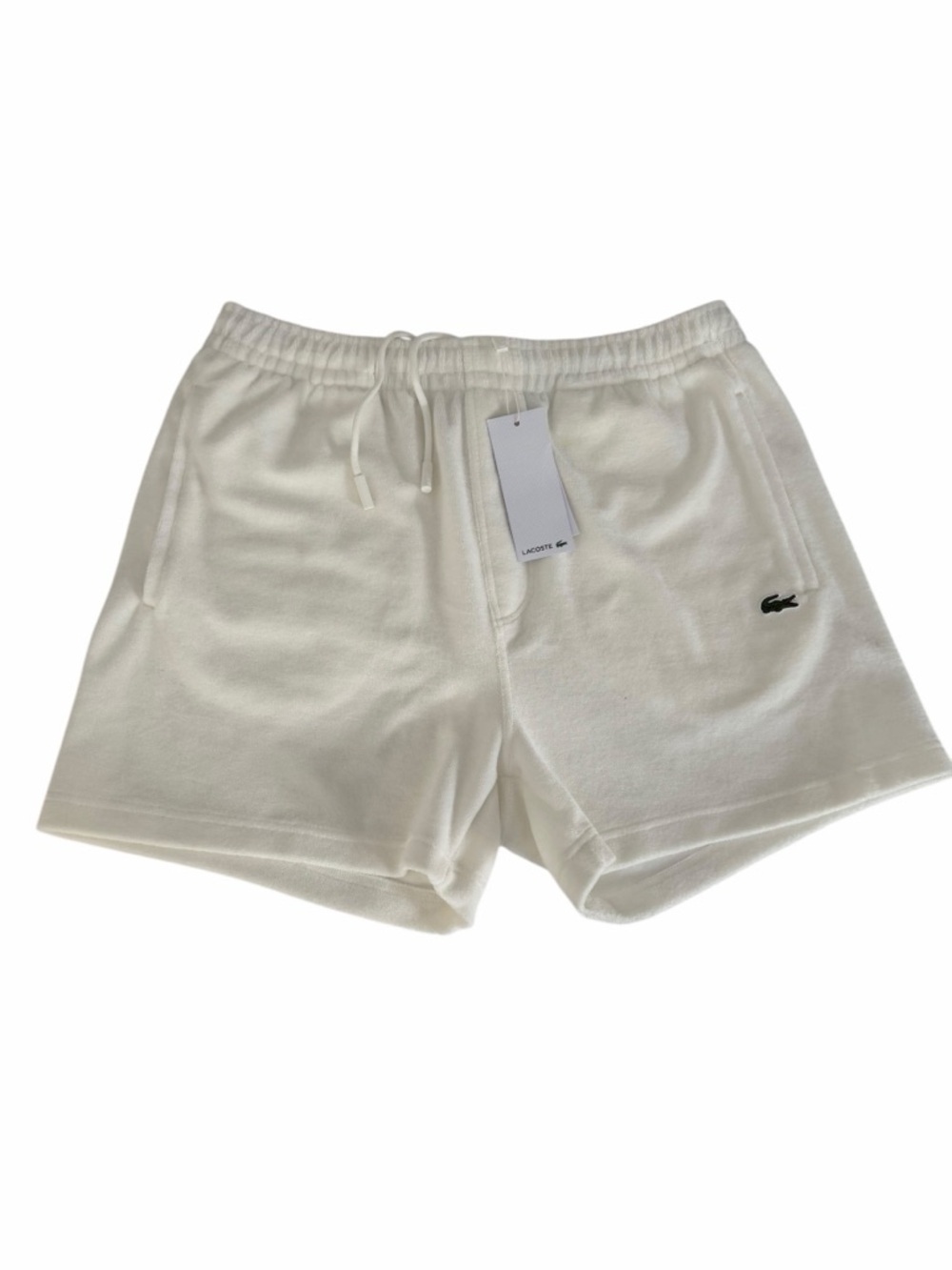 LACOSTE White Terry Knit Shorts Paris Regular Fit Logo Drawstring casual lounge